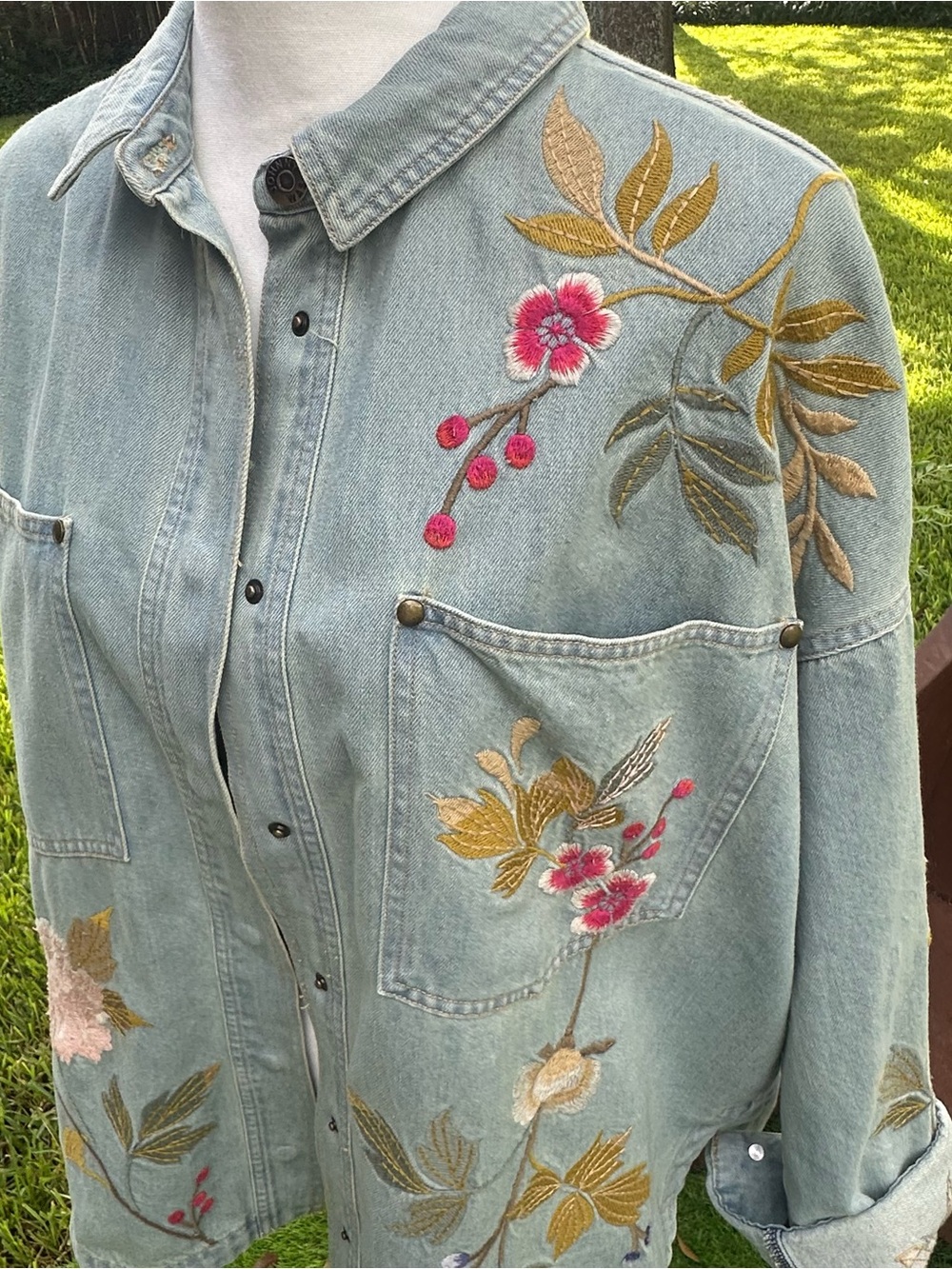 Embroidered Light Blue Denim Shirt Jacket - Floral Detail